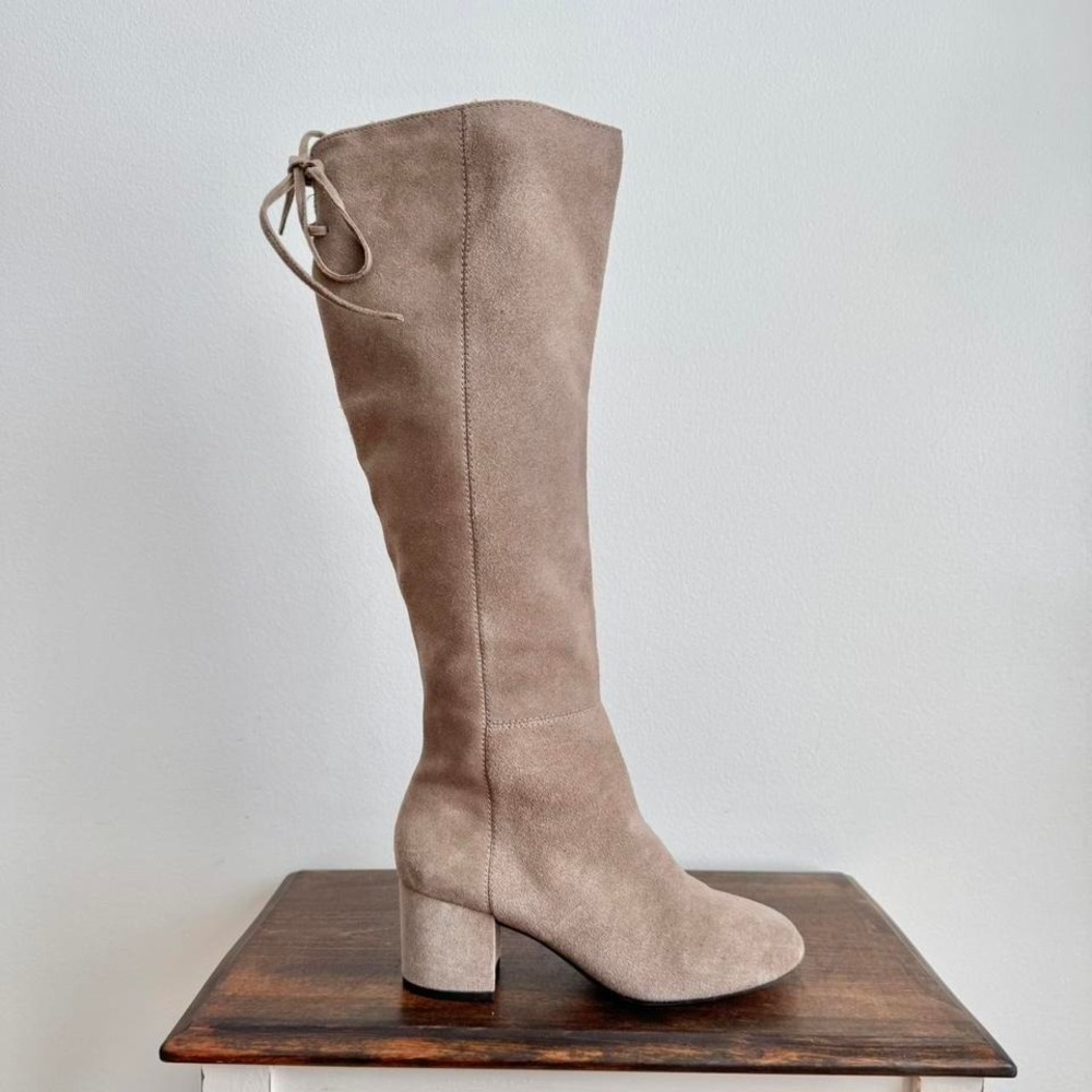 Knee High Taupe Suede Boot Lace Up size 6 Leather Boho Corset Round Toe Block